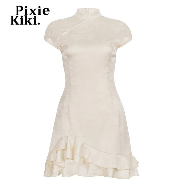 PixieKiki Chinese Style Jacquard Asymmetric Ruffle Mini Dress Elegant Vintage Cheongsam Summer Dresses for Woman P56-GD14