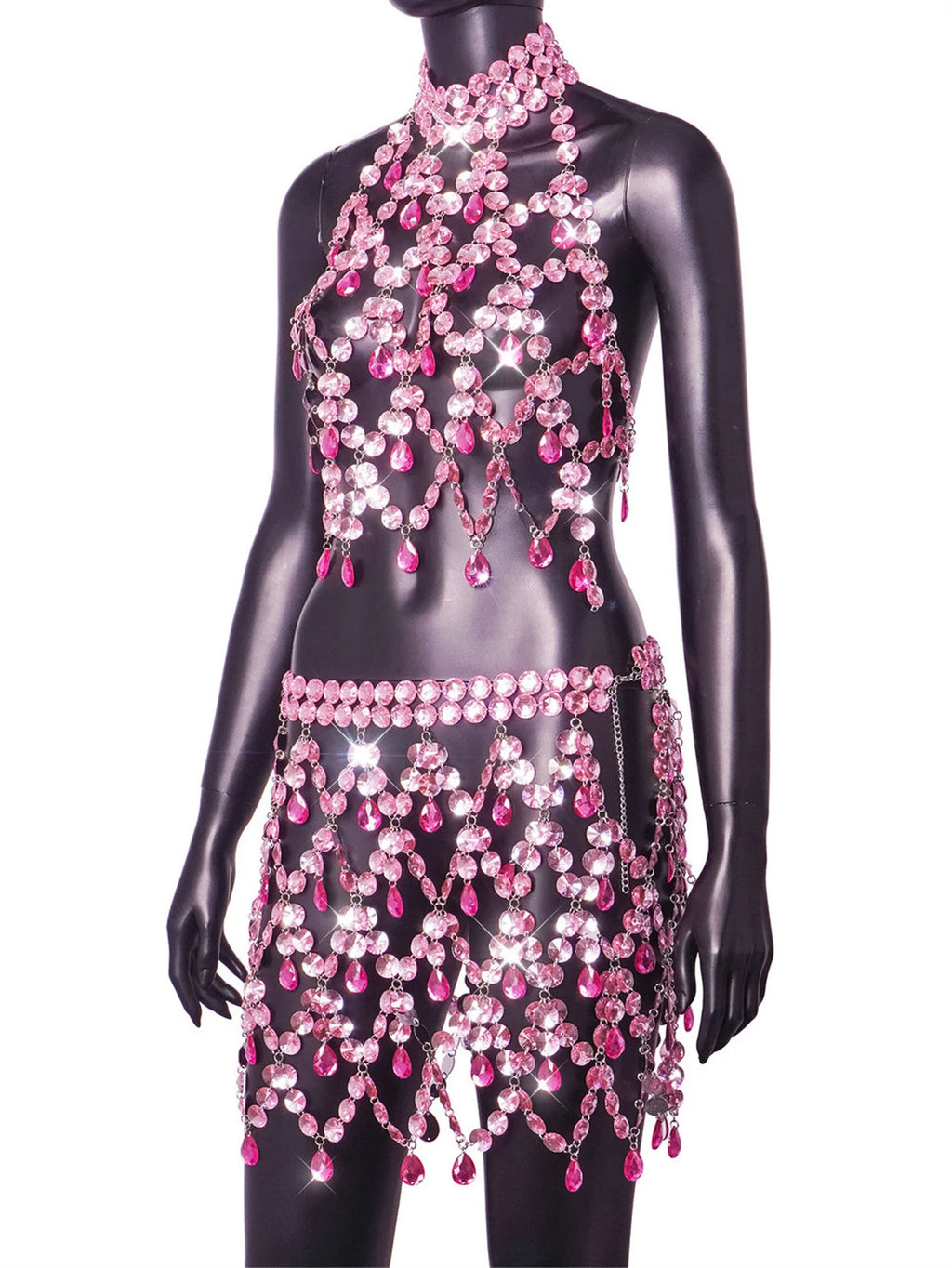 Dorinda Pink Crystal Rhinestone Halter Top & Fringe Mini Skirt Lingerie Set Two-piece