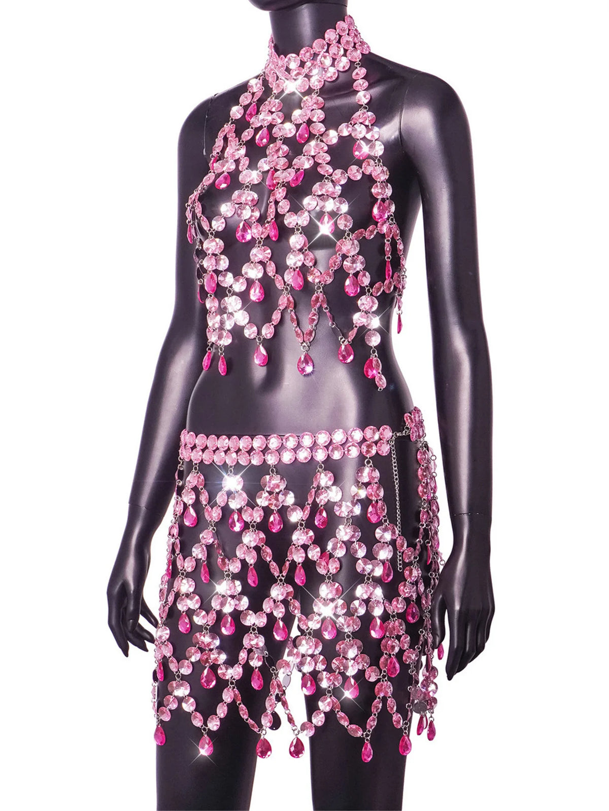 Dorinda Pink Crystal Rhinestone Halter Top & Fringe Mini Skirt Lingerie Set Two-piece