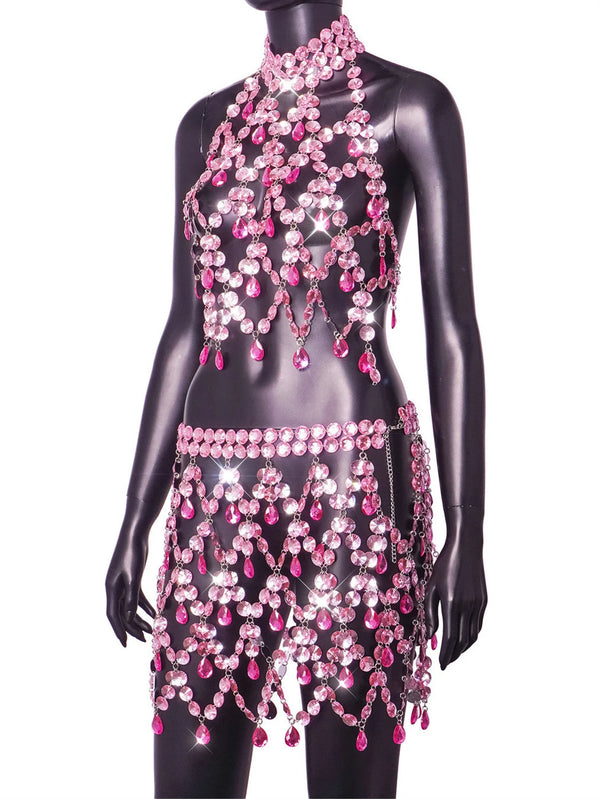 Dorinda Pink Crystal Rhinestone Halter Top & Fringe Mini Skirt Lingerie Set Two-piece