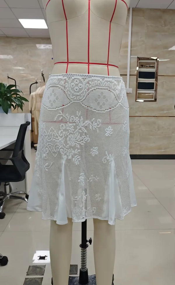 Ysabeau Y2K Crochet Lace Low-Rise Flared Midi Skirt One-piece