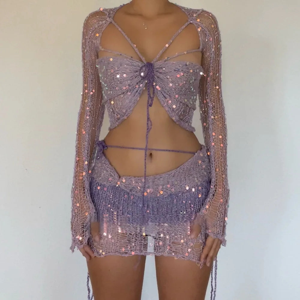 Marisela Sequin Crochet Knit Tie-Front Crop Top & Mini Skirt Two-piece