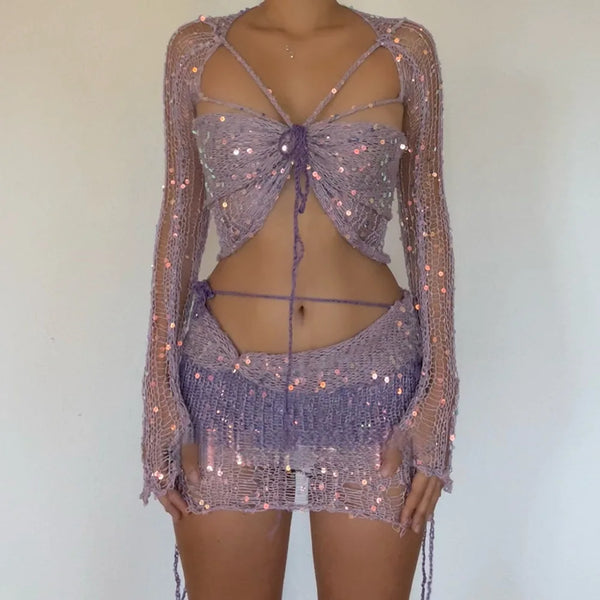 Marisela Sequin Crochet Knit Tie-Front Crop Top & Mini Skirt Two-piece