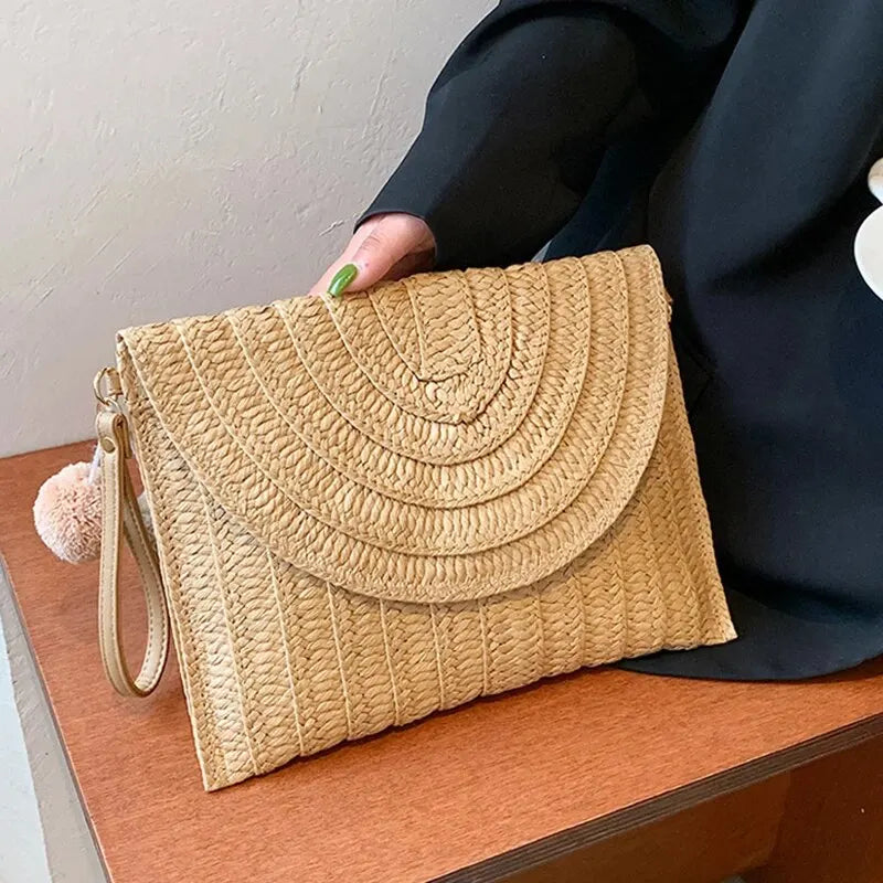 Soleil Woven Straw Envelope Crossbody Bag