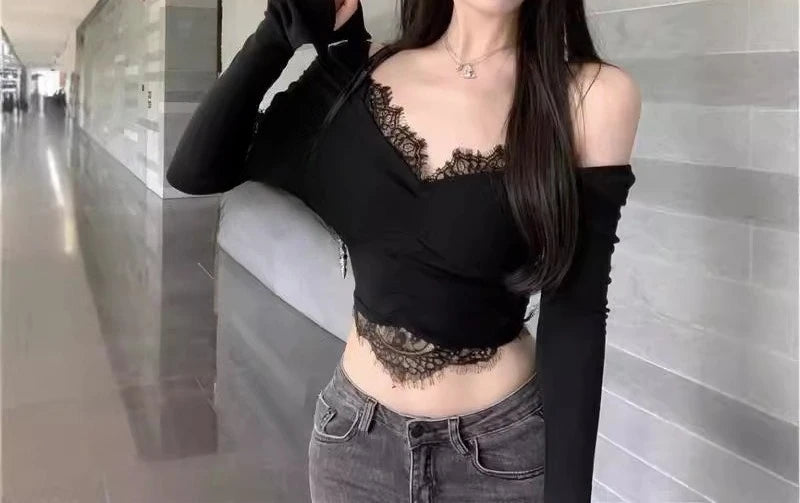 Valerie Noir Lace Off-Shoulder Long Sleeve Top