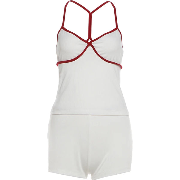Kliou Contrast Color Patchwork 2 Piece Set Woman Low-Neck Backless Crop Tops+Skinny Shorts Daily Home Style Simple Fashion Suits