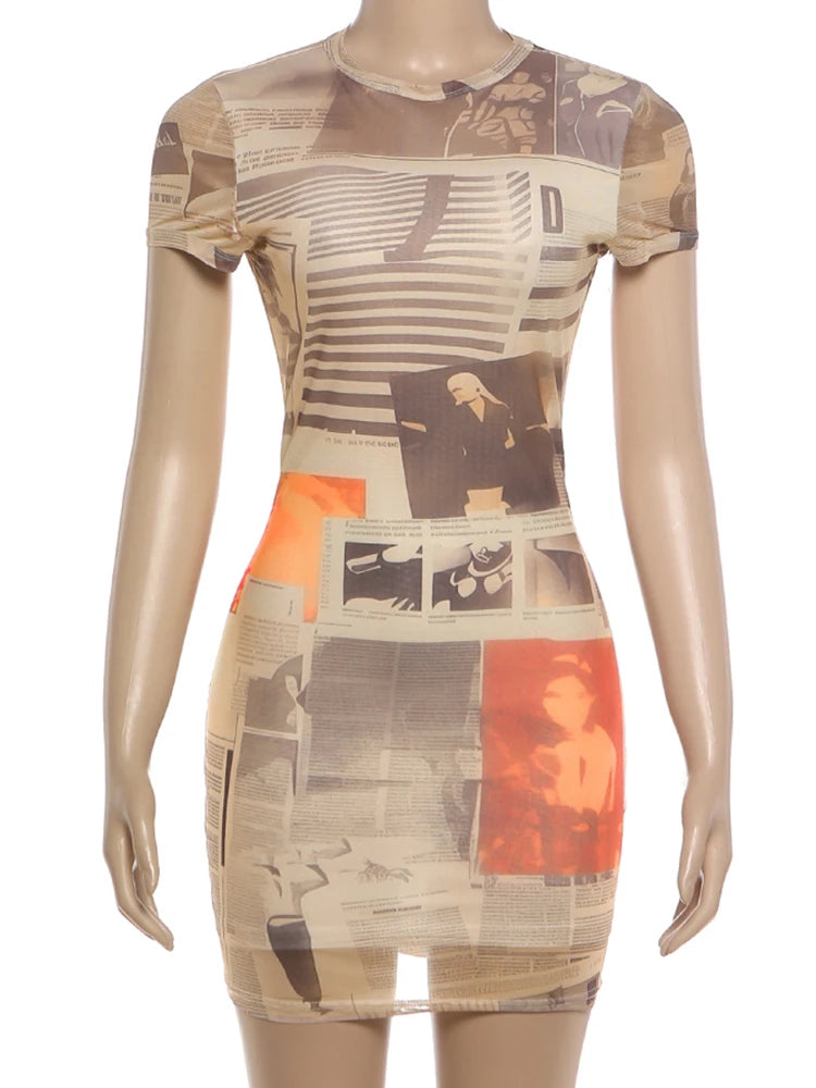 Kliou Newspaper Print Mini Dress Woman Summer Trend o-Neck Short Sleeve Skinny Peach Hip Hot Girls Street Fashion Style Bodycon