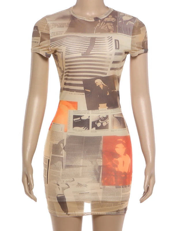 Kliou Newspaper Print Mini Dress Woman Summer Trend o-Neck Short Sleeve Skinny Peach Hip Hot Girls Street Fashion Style Bodycon
