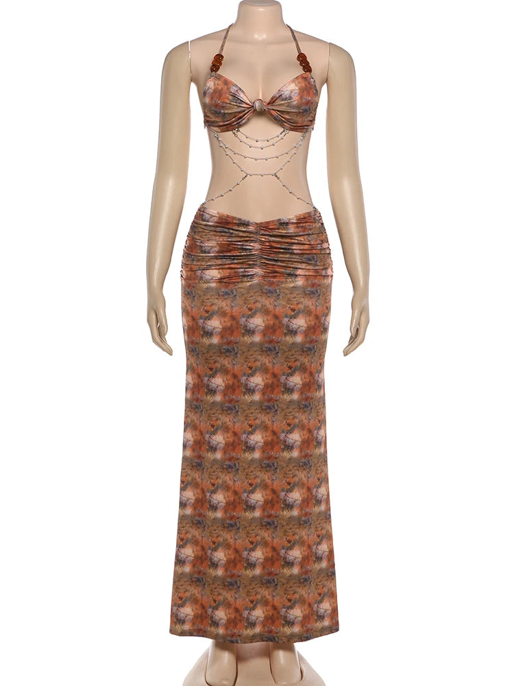 Kliou Beads Chain Decoration Long Dress Woman Colorful Print Halter Backless Sleeveless Vacation Beach Party Fashion Vestidos