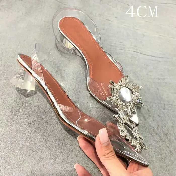 34-45 PVC Transparent Crystal Shoes 2024 Summer New Pointed Odd Heel Shoes Stiletto Ladies Sun Decoration Wild Fairy Shoes