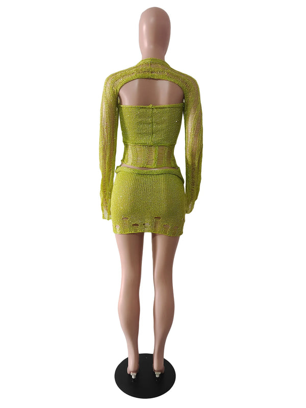 Marisela Sequin Crochet Knit Tie-Front Crop Top & Mini Skirt Two-piece