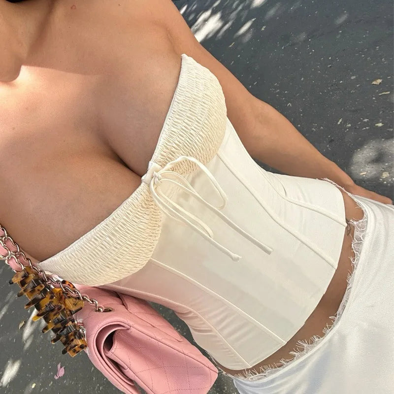 Zinaida Ivory Satin Bow-Front Corset Tube Top One-piece