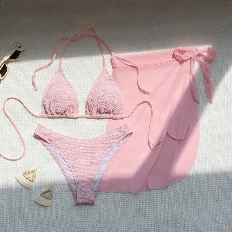 Pink Solid Color 3-piece Swimsuit Women 2026 Summer Beach Skirt Bikini V-neck Halter Backless Bathing Suit Summer Beach Swimwear Main image