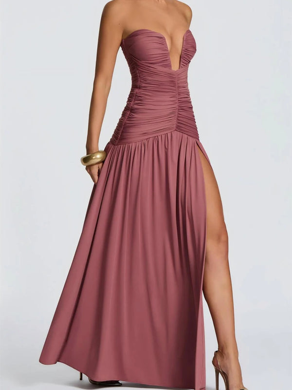 Celestia Strapless Pleated Split Maxi Dress