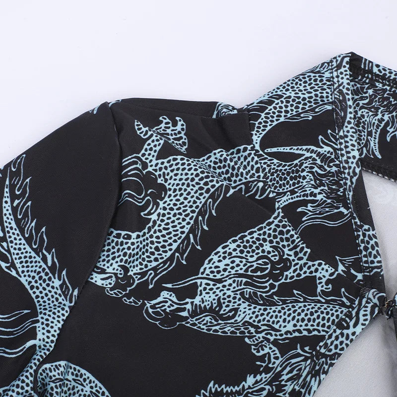Xiaolan Dragon Print Keyhole Mandarin-Collar Qipao Bodycon Mini Dress