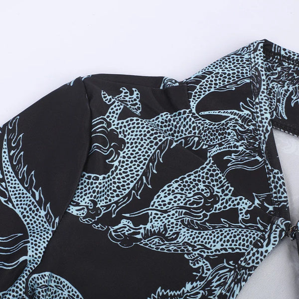 Xiaolan Dragon Print Keyhole Mandarin-Collar Qipao Bodycon Mini Dress