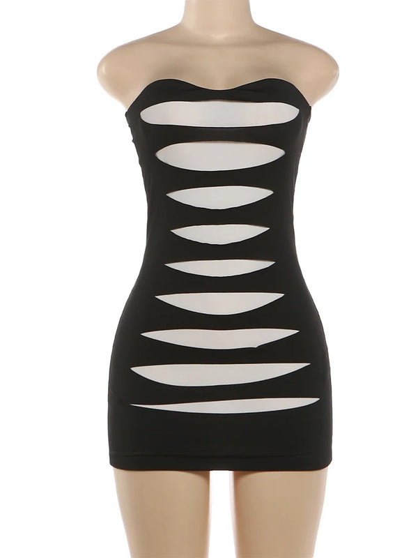 Nibber Skinny Patchwork Hollow Mini Dress Woman Sexy Wrap Chest Backless Sleeveless Peach Hip Evening Club Party Fashion Bodycon