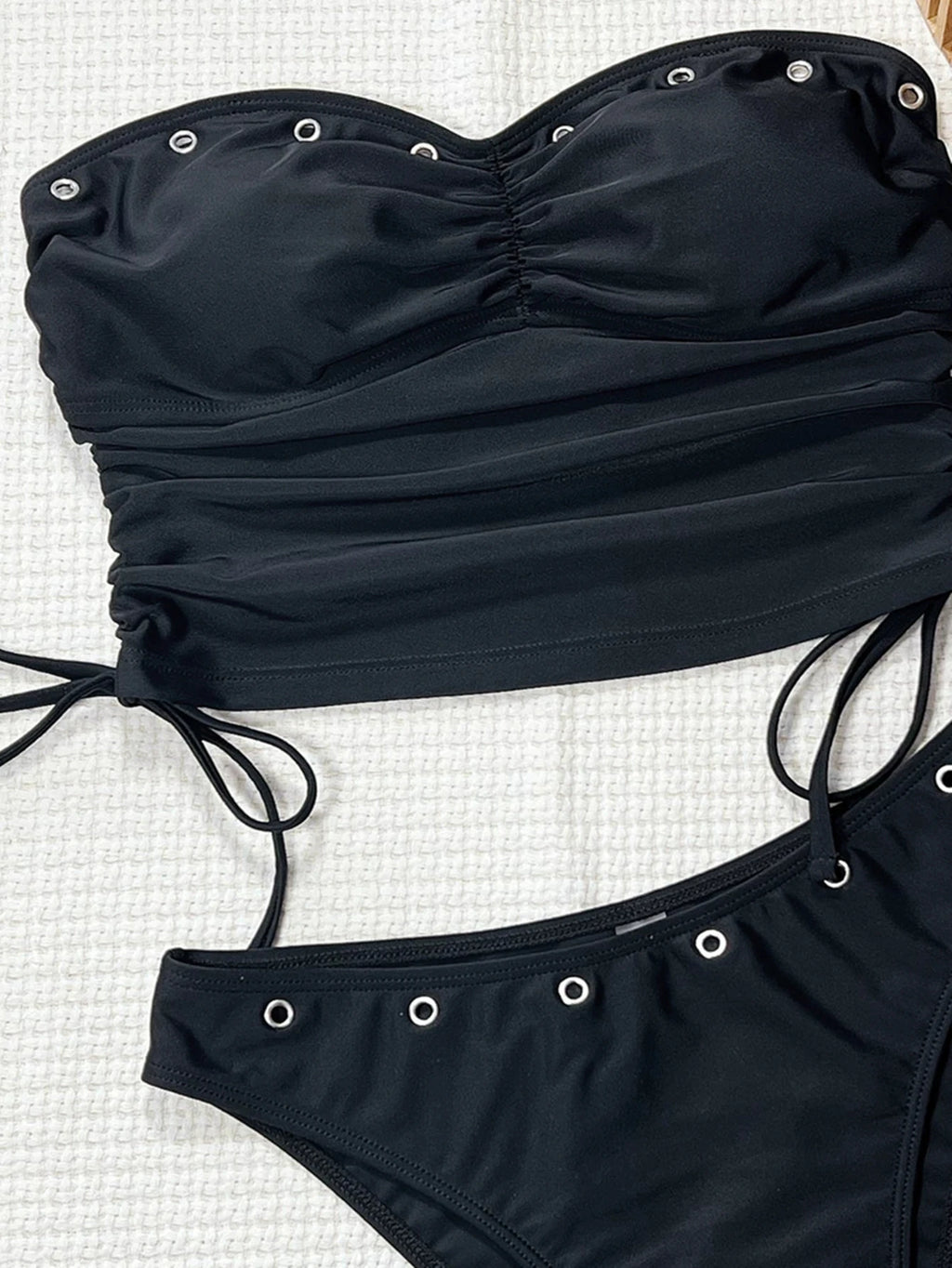 Vigoashely 2026 Black Bandeau Tankini Set Swimsuit Women Strapless Tied Tank Top Swimwear Lady Solid Brazilian Bathing Suit Swim