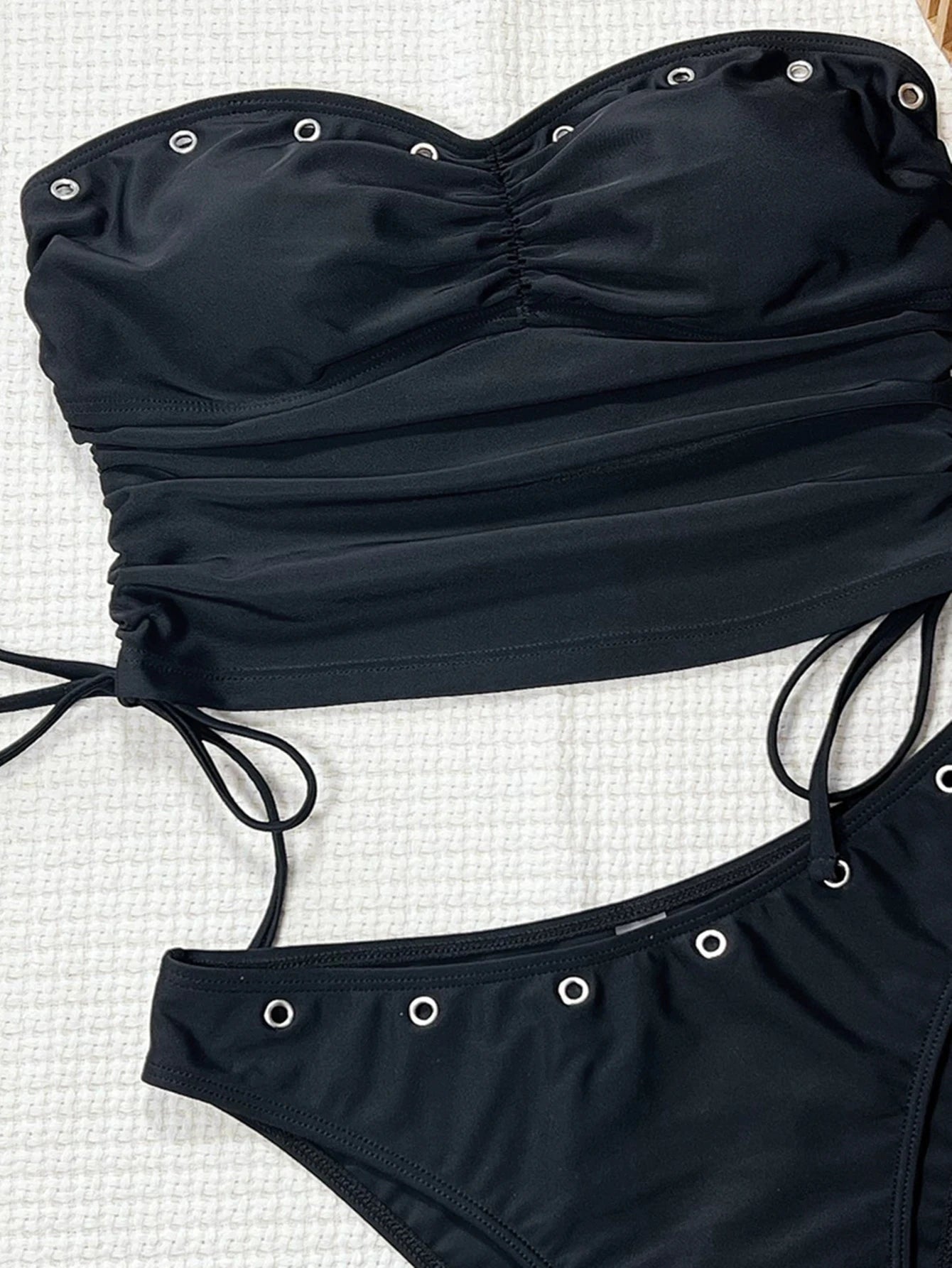 Vigoashely 2026 Black Bandeau Tankini Set Swimsuit Women Strapless Tied Tank Top Swimwear Lady Solid Brazilian Bathing Suit Swim
