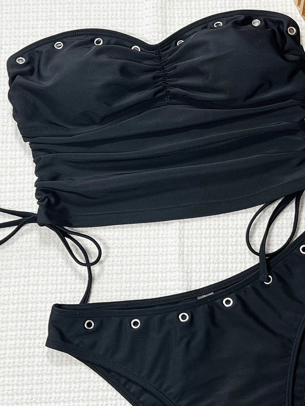 Vigoashely 2026 Black Bandeau Tankini Set Swimsuit Women Strapless Tied Tank Top Swimwear Lady Solid Brazilian Bathing Suit Swim