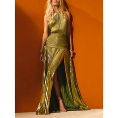 Alina Gold Pleated Halter Maxi Dress