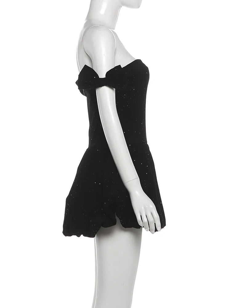 Amarisa Glitter Off-Shoulder Bow Corset Bubble-Hem Mini Dress