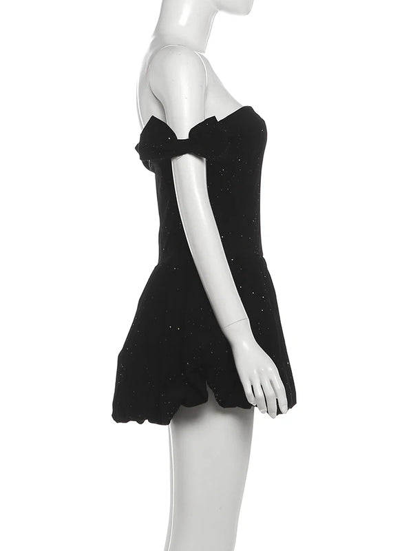 Amarisa Glitter Off-Shoulder Bow Corset Bubble-Hem Mini Dress