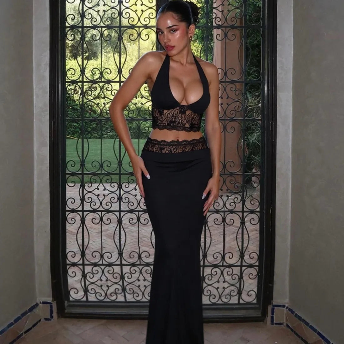 Carmella Lace Halter Maxi Skirt Set Two-piece