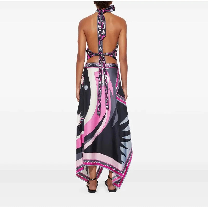 Ermengarde Print Halter Bow Backless Top & Long Skirt Set