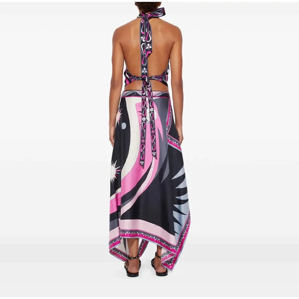 Ermengarde Print Halter Bow Backless Top & Long Skirt Set