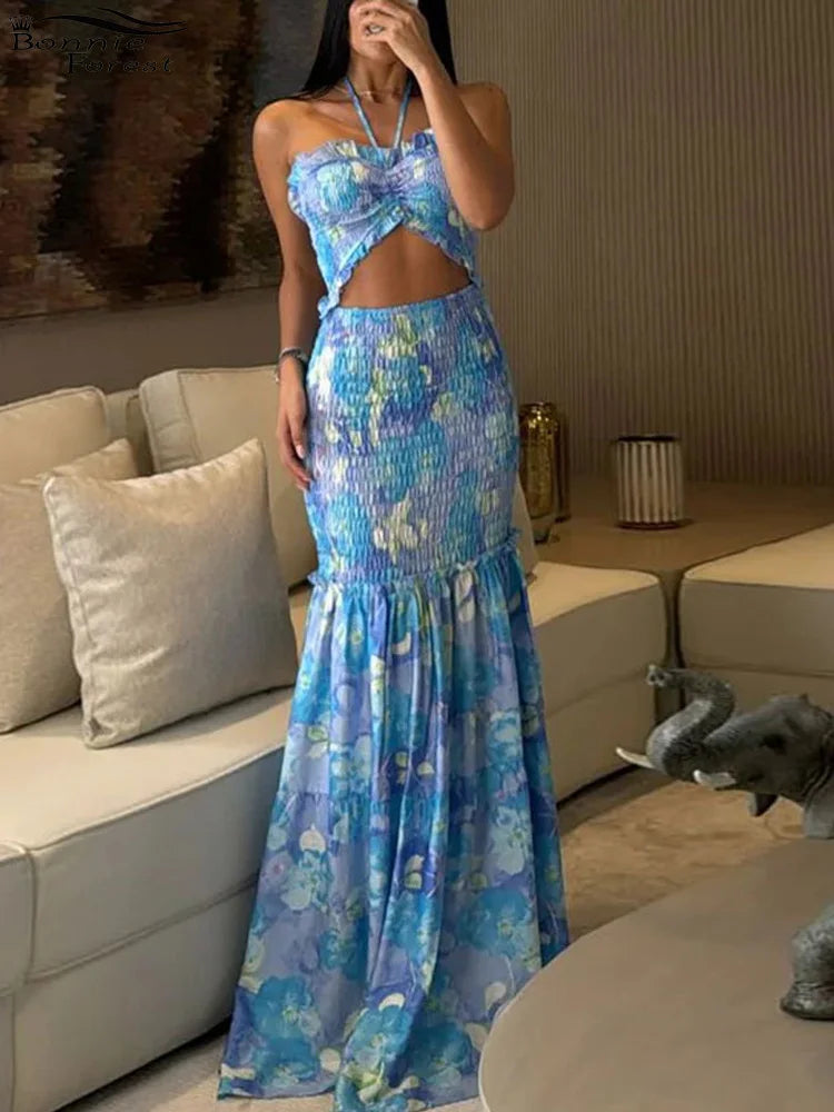 Isla Tropical Palm Cutout Ruffle Maxi Dress