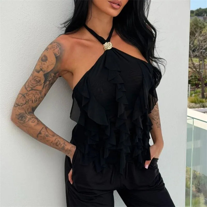 hirigin Women Halter Neck Ruffle Mesh Top Sexy Sheer See Through Backless Blouse with Rhinestone Buckle for Club Party Night Out