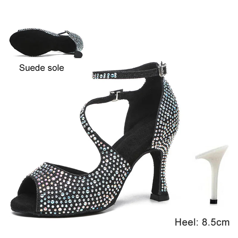 DKZSYIM Latin Dance Shoes For Women Ballroom Tango Rhinestones Dancing Shoes High Heels Black/Silver/Gold Women's Wedding Shoes