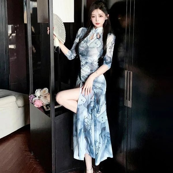 Yue Smudge-Print Plus-Size Qipao Maxi Dress