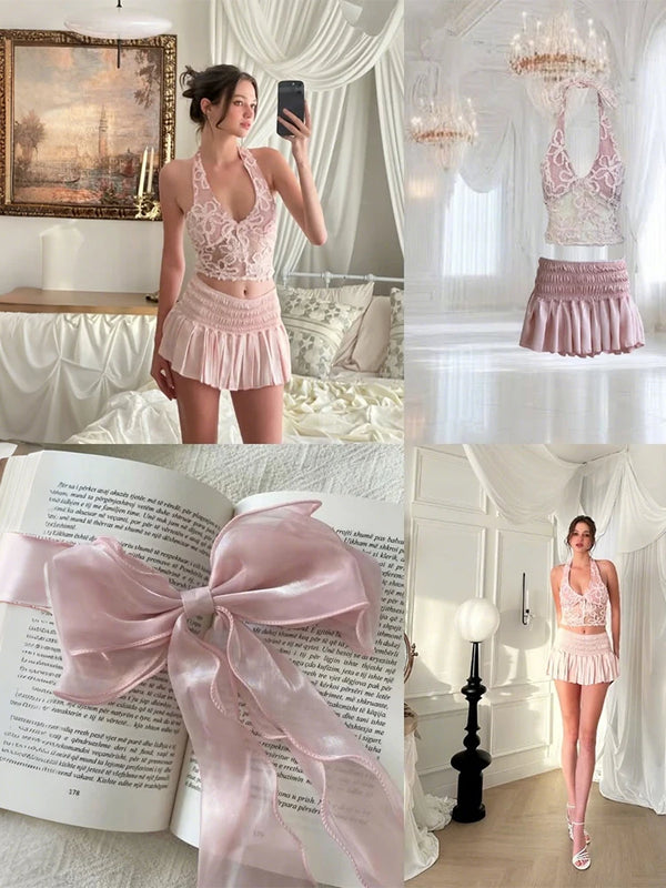 Sabina Lace Ruched Bandage Mini Skirt Set Two-piece