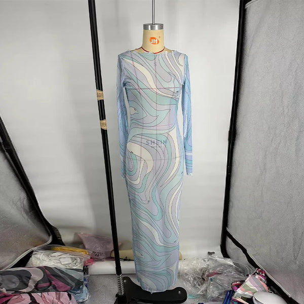 Ondrea Sheer Swirl-Print Mesh Bodycon Maxi Dress One-piece