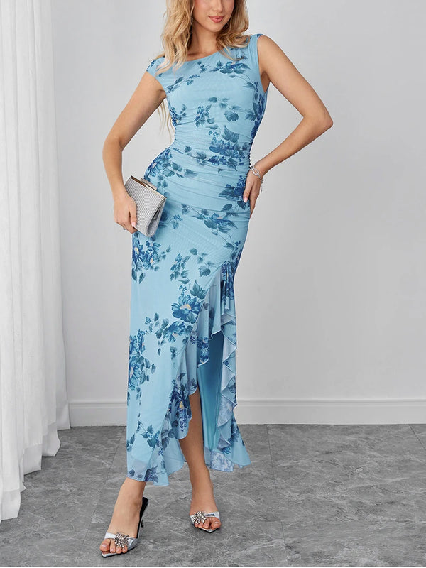 Samara Blue Floral Mesh Ruffle Maxi Dress