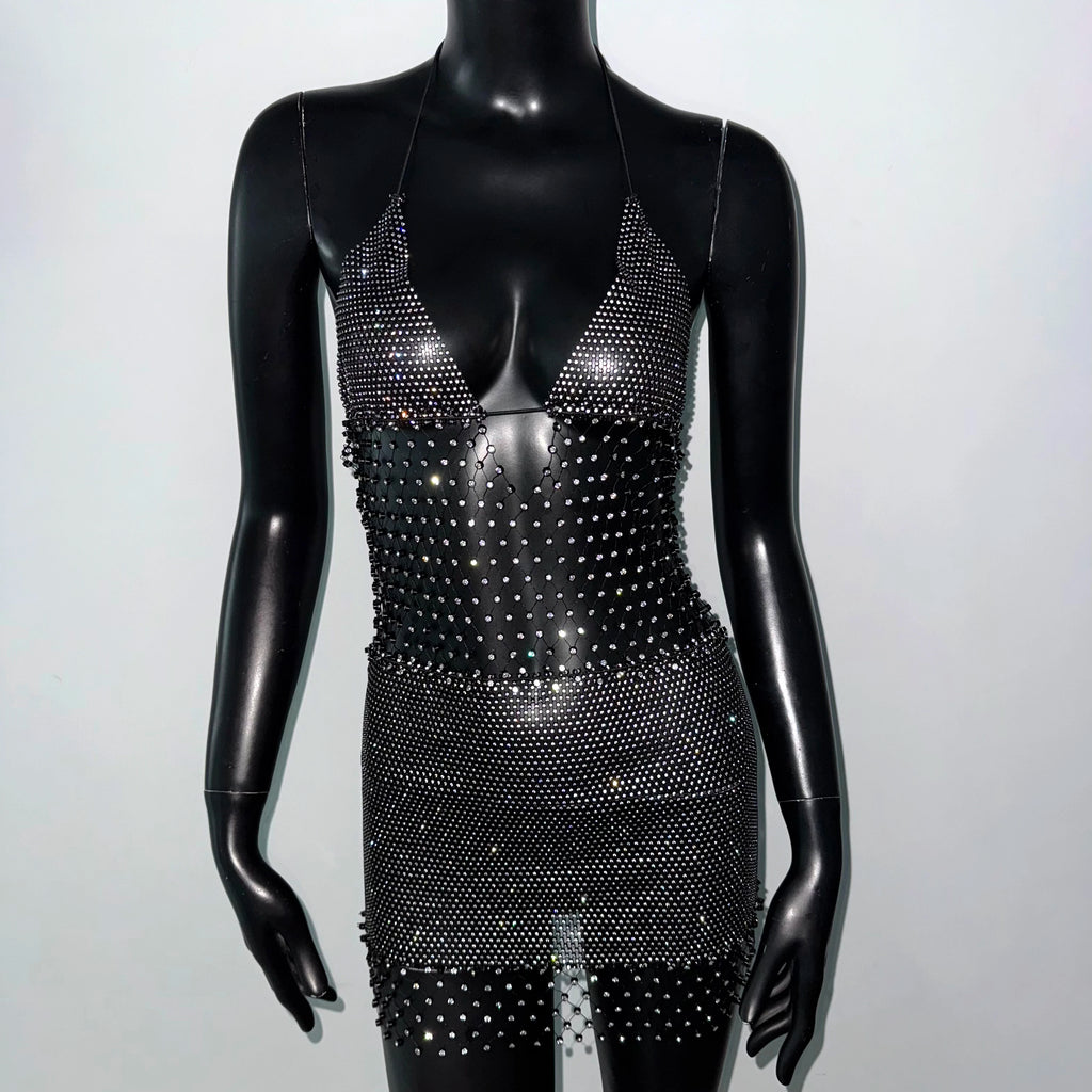 Rosalie Deep-V Rhinestone Mesh Mini Dress