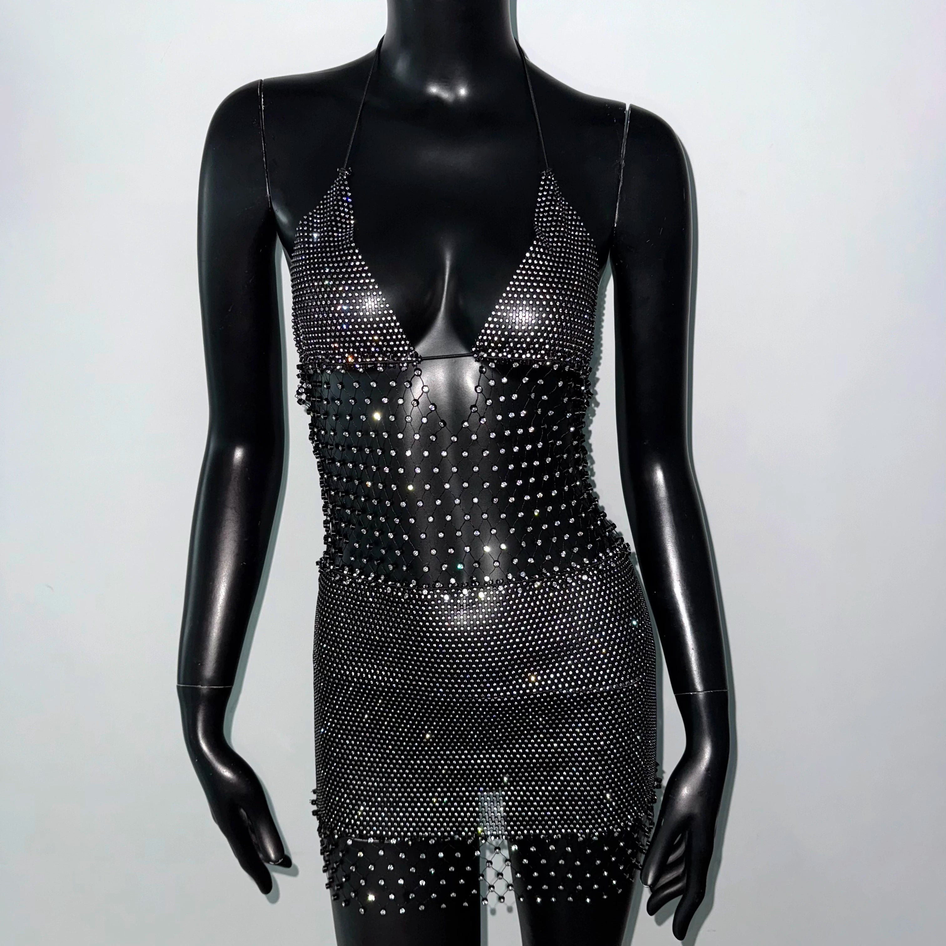 Rosalie Deep-V Rhinestone Mesh Mini Dress