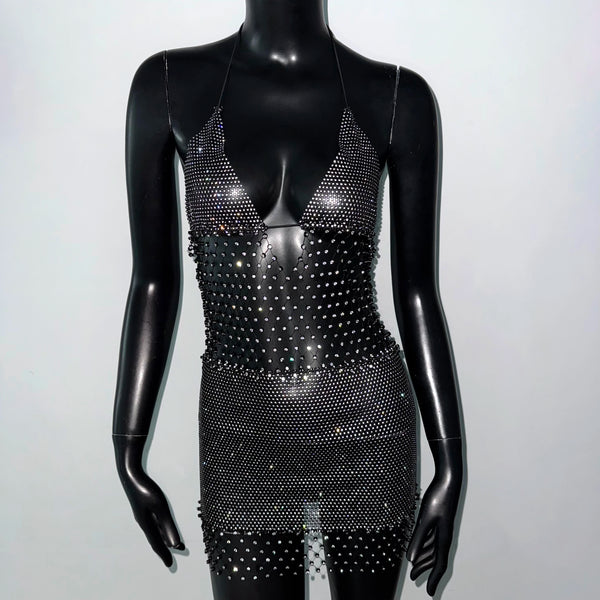 Rosalie Deep-V Rhinestone Mesh Mini Dress