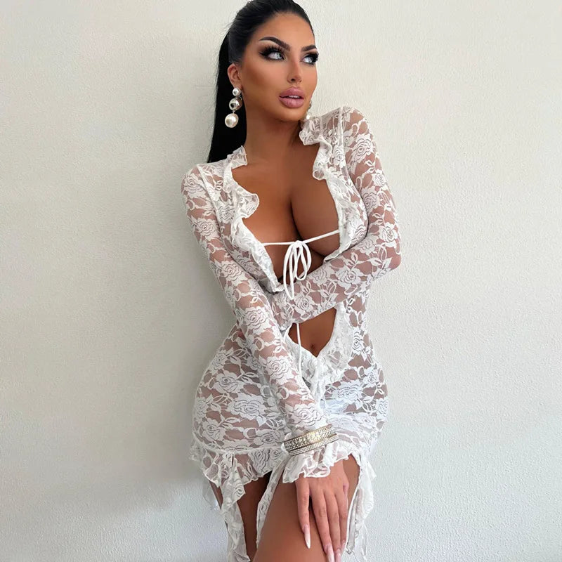 Angelique Sheer Lace Tie-Front Long-Sleeve Mini Dress