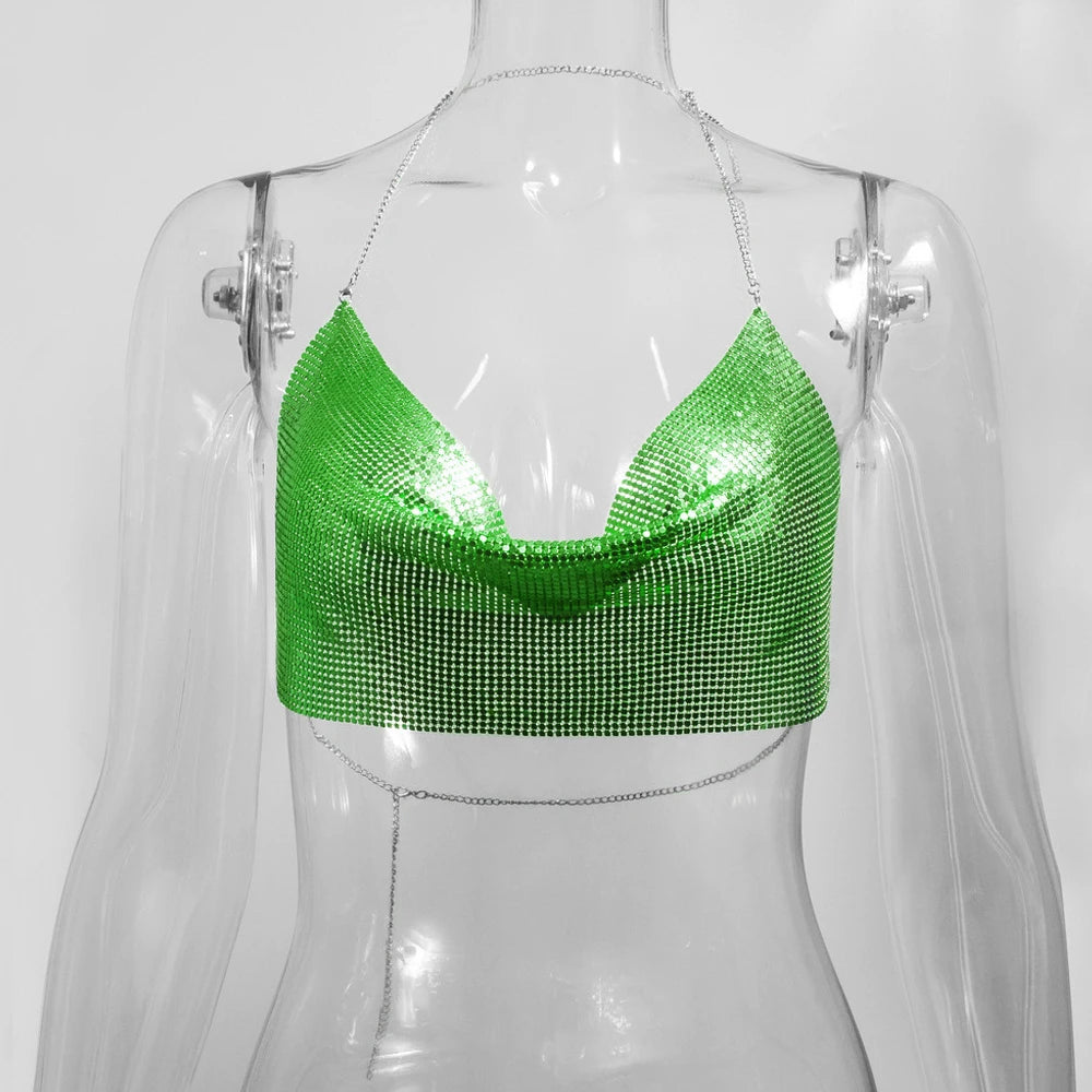 Electra Metallic Sequin Halter Backless Crop Top One-piece