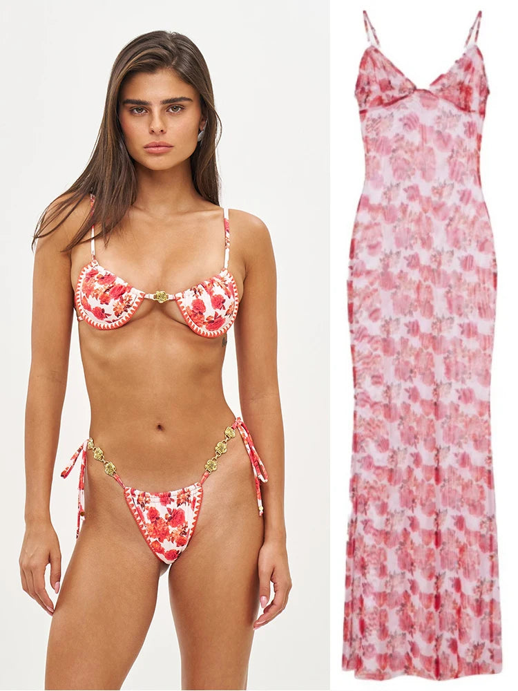 Marisa Red Floral String Bikini & Mesh Cover-Up Dress Collection