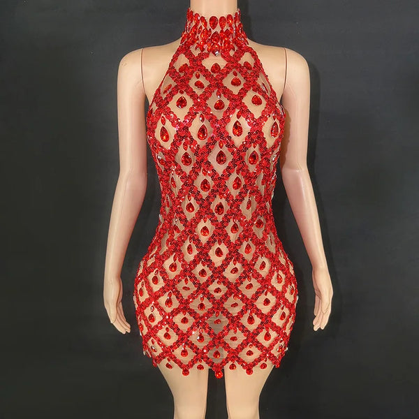 Selena Crystal Sheer Bodycon Halter Mini Dress