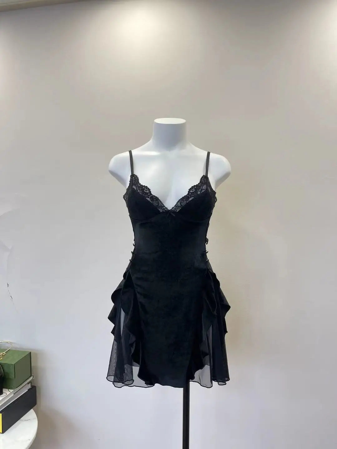 Noelle Lace-Trim Velvet Ruffle Backless Mini Nightgown
