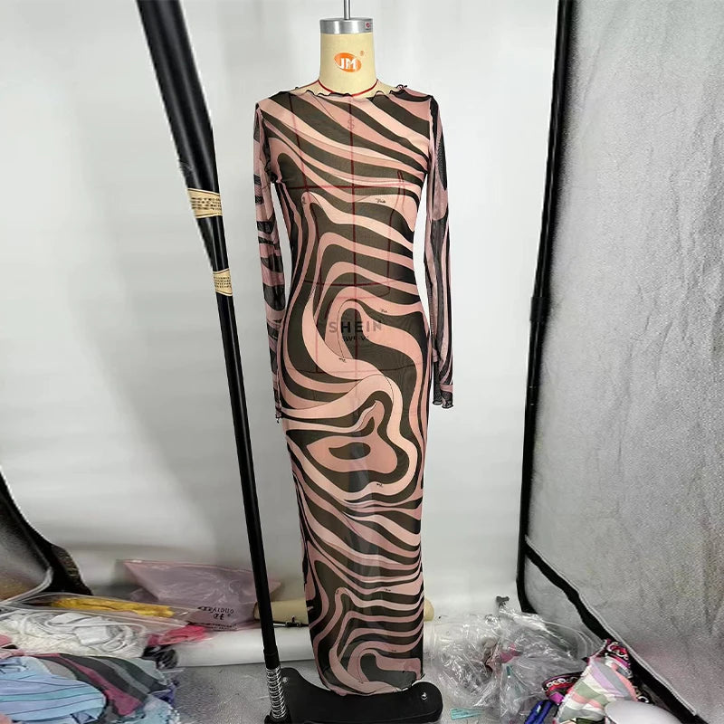 Ondrea Sheer Swirl-Print Mesh Bodycon Maxi Dress One-piece