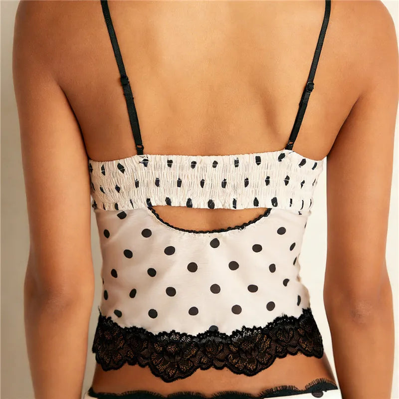 Wren Polka Dot Lace-Trim Mesh Cami Top