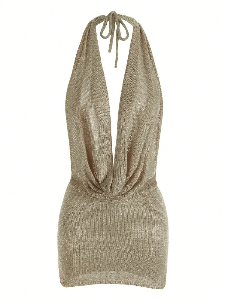 Agnieszka Draped Cowl Halter Backless Knit Mini Dress