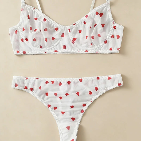 Ingeborg Heart Print Sheer Mesh Underwire Bra & Brief Lingerie Two-piece