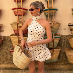 Isabella Riviera Polka Dot One-Shoulder Halter Ruffle Mini Dress